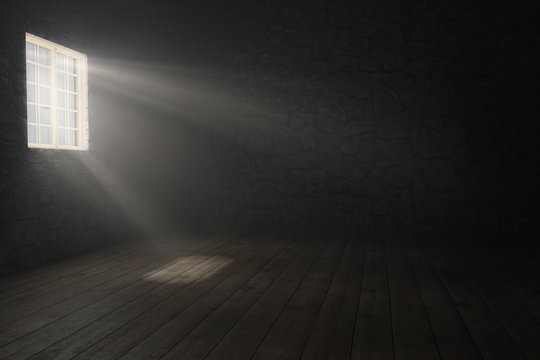 3d rendering of medieval empty room with light rays at window