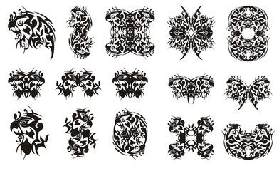 Ornate unusual tribal parrot symbols. Abstract fantastic parrot head, the double symbols and objects formed from it. Black on white