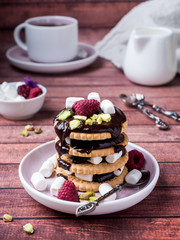 A sweet dessert of chocolate biscuit, raspberry marshmallow and a Cup of coffee on dark background.