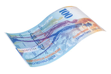 Banknote of the hundred Swiss francs (back side view)