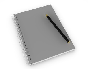Gray notebook with a black pencil on a white table. Isolated template.