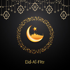 Eid-Al-Fitr greeting card with islamic crescent moon 3D and mosque paper.