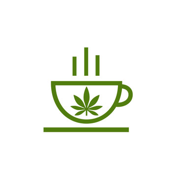 Logo of coffee shop. Leaf of cannabis on cup. Cannabis herbal tea and marijuana leaves.