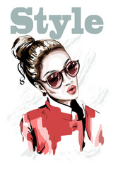 Hand drawn beautiful young woman portait. Fashion woman in sunglasses. Stylish girl in red jacket. Sketch.