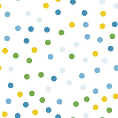Colorful polka dots seamless pattern on white 12 background. Beauteous classic colorful polka dots textile pattern. Seamless scattered confetti fall chaotic decor. Abstract vector illustration.