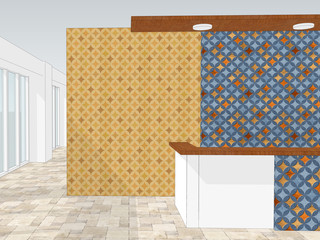 View of reception desk is standing in an office lobby with decorative wallpaper in the background. 3d illustration
