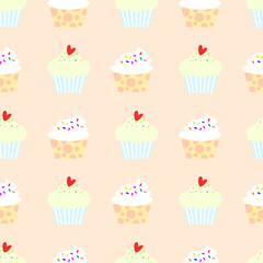 Seamless pattern vector of cute cupcakes on pastel background. Sweet and lovely cupcakes.