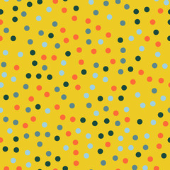 Colorful polka dots seamless pattern on bright 26 background. Mind-blowing classic colorful polka dots textile pattern. Seamless scattered confetti fall chaotic decor. Abstract vector illustration.