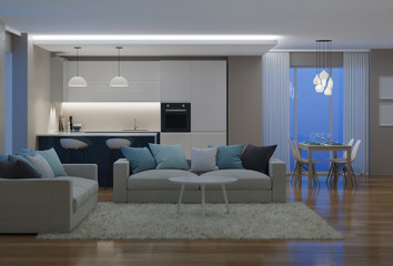 Modern house interior. Evening lighting. Night. 3D rendering.