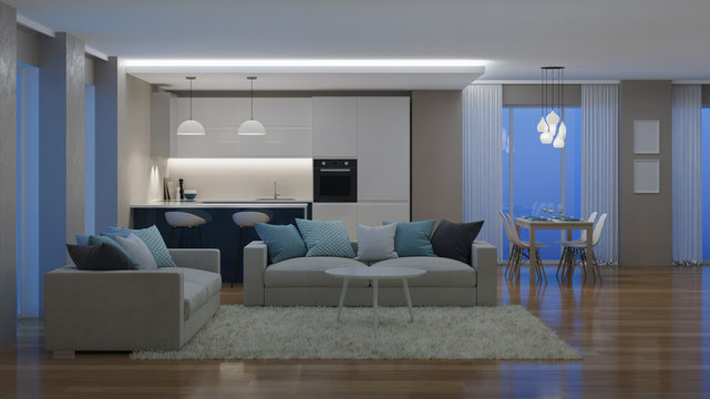 Modern house interior. Evening lighting. Night. 3D rendering.