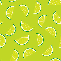 Limeade Lime Seamless Vector Pattern Tile. Green Lime Half Slices Randomly Arranged on Yellow-Green Background. Lemonade Stand Summer Picnic Party Decor. Food Packaging Design. Swatch Included.