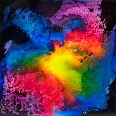 Obraz na płótnie Canvas Square watercolor with rainbow galaxy splatter.
