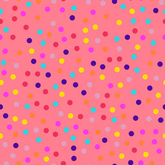 Memphis style polka dots seamless pattern on coral background. Superb modern memphis polka dots creative pattern. Bright scattered confetti fall chaotic decor. Vector illustration.