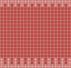 Tile decoration. Red square tiles with decor. Interior design for kitchen, bathroom, toilet. Background pattern. Decor element.
