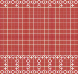 Tile decoration. Red square tiles with decor. Interior design for kitchen, bathroom, toilet. Background pattern. Decor element.
