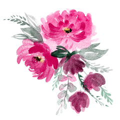 Floral watercolor illustration. Summer peony flowers composition.
