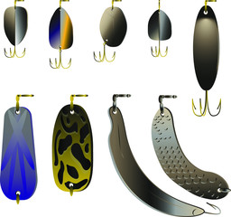 Vector set of bait for fishing. Multicolor drawing on white background. Can be used in postcards, posters, textiles, professional literature, logo for fishing club.