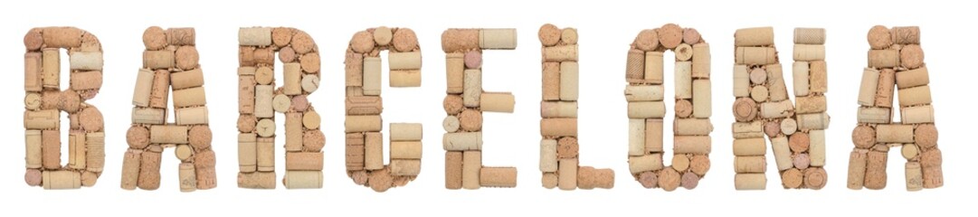 Word Barcelona made of wine corks Isolated on white background