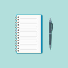 Open notepad with pen isolated on background. Flat style icon. Vector illustration.