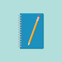 Closed notebook with pencil isolated on background. Flat style icon. Vector illustration.