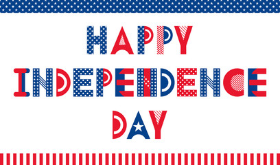 Happy Independence Day of the USA. Poster or banner in memphis style of 80s-90s. Trendy geometric font. Inscription isolated on white background