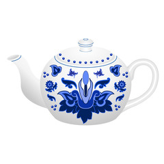 Porcelain teapot for tea set ornate in traditional Russian style Gzhel
