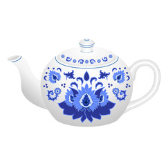 Porcelain teapot for tea set ornate in traditional Russian style Gzhel