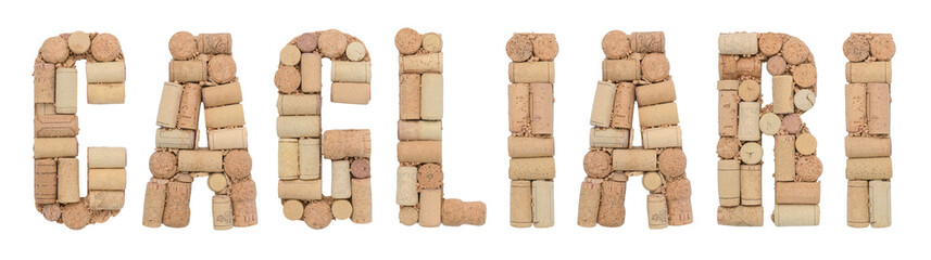 Word Cagliari made of wine corks Isolated on white background