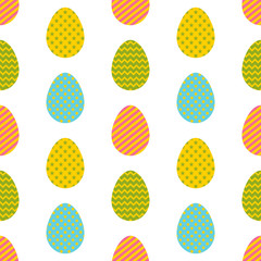 Seamless pattern. Easter eggs with different geometric ornaments isolated on a white background.  Memphis style of 80s-90s.