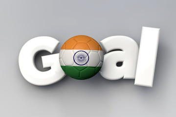 Football goal with a India flag soccer ball. 3D Rendering