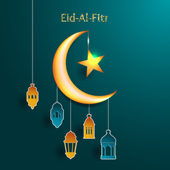 Eid-Al-Fitr greeting card with islamic crescent moon 3D and mosque paper.