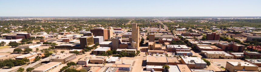 Fototapeta na wymiar Sunday Morning Over Empty Street lubbock Texas Downtown Skyline Aerial