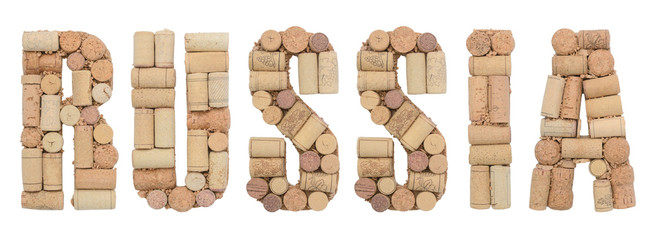 Word Russia made of wine corks Isolated on white background