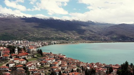 Ohrid Lake and city against mountains timelapse, Macedonia