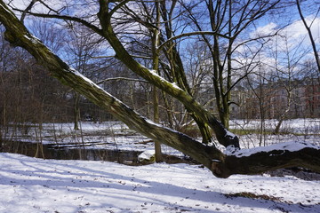 River in winter with snow in park in Germany