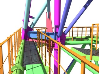 High-rise chimney on a metal frame. Illustration of construction and installation. Architectural, industrial and engineering background. 3D rendering. White background.