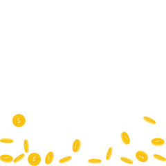 American dollar coins falling. Scattered sparse USD coins on white background. Sightly abstract bottom vector illustration. Jackpot or success concept.