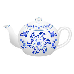 Porcelain teapot for tea set ornate in traditional Russian style Gzhel