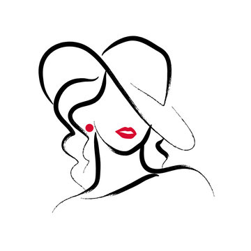 Vector artistic hand drawn stylish young lady portrait isolated on white background. Fashion girl model icon. Woman in hat. Beauty illustration, logo design. Fashion poster, placard, banner.