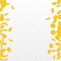 Russian ruble coins falling. Scattered small RUB coins on transparent background. Adorable messy border vector illustration. Jackpot or success concept.