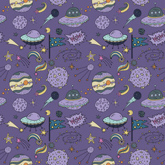 Naklejka premium Seamless pattern with cosmos doodle illustrations.