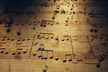 Atmospheric music background with notes on old brown paper 3d illustration