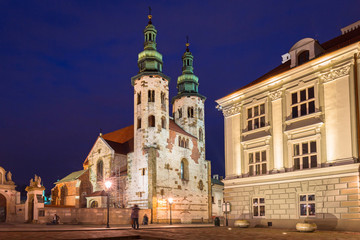 Fototapeta na wymiar Architecture of the old town in Krakow at night, Poland