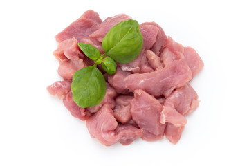 Raw chopped beef meat pieces isolated om white background cut out.