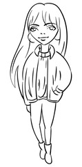 Glamour fashionable pretty girl with a bang in Jean jacket and jeans skinnyess