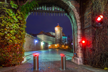 Fototapeta premium Gate to the Royal Wawel Castle in Krakow at night, Poland