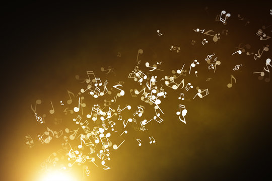 Floating musical notes on an abstract gold background with flares 3d illustration