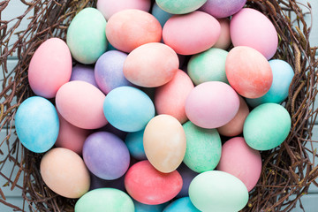 Pastel Easter eggs background. Spring greating card.