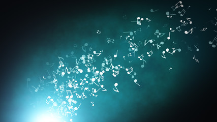 Floating musical notes on an abstract blue background with flares 3d illustration - obrazy, fototapety, plakaty