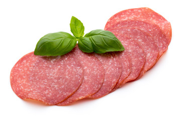 Salami slices isolated on white background.